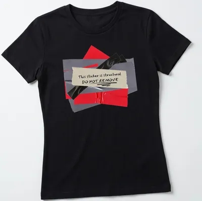 Collage style t-shirt featuring a humorous structural sticker warning graphic. — printed on a women's shirt