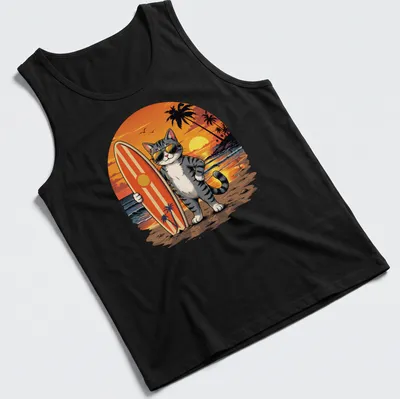 Cartoon graphic of a surfer cat wearing sunglasses on a beach — printed on a tank top