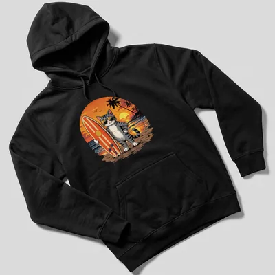 Cartoon graphic of a surfer cat wearing sunglasses on a beach — printed on a unisex hoodie