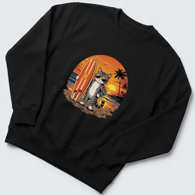Cartoon graphic of a surfer cat wearing sunglasses on a beach — printed on a unisex sweatshirt