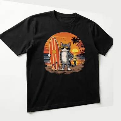 Cartoon graphic of a surfer cat wearing sunglasses on a beach — printed on a unisex t-shirt (angled view)