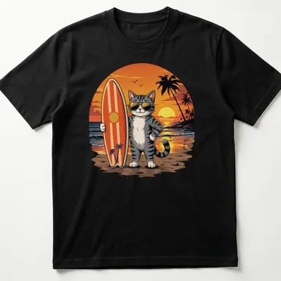 Cartoon graphic of a surfer cat wearing sunglasses on a beach