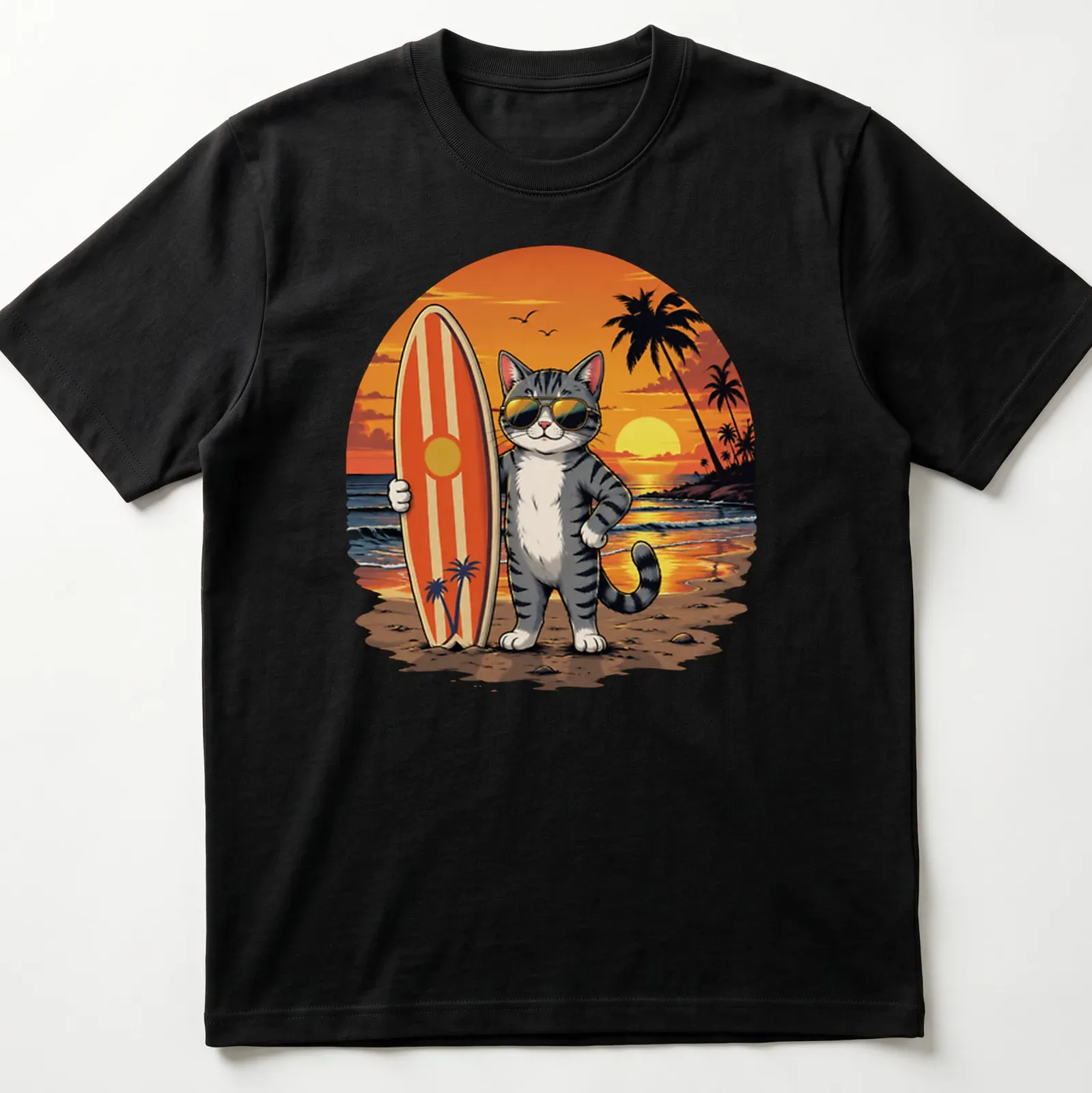 Cartoon graphic of a surfer cat wearing sunglasses on a beach — printed on a unisex t-shirt
