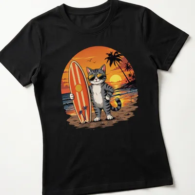 Cartoon graphic of a surfer cat wearing sunglasses on a beach — printed on a women's shirt