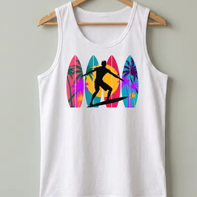 Vintage surfer riding waves with surfboards in pink, turquoise, and yellow hues. — printed on a tank top