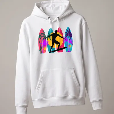 Vintage surfer riding waves with surfboards in pink, turquoise, and yellow hues. — printed on a unisex hoodie