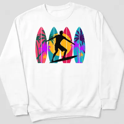 Vintage surfer riding waves with surfboards in pink, turquoise, and yellow hues. — printed on a unisex sweatshirt