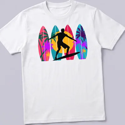 Vintage surfer riding waves with surfboards in pink, turquoise, and yellow hues.