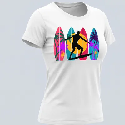 Vintage surfer riding waves with surfboards in pink, turquoise, and yellow hues. — printed on a women's shirt