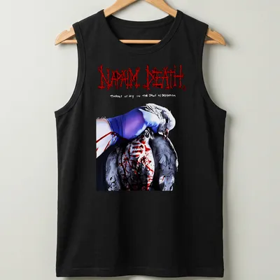 Surreal artwork featuring a figure and a bird with text from Napalm Death. — printed on a tank top
