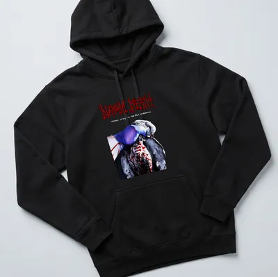 Surreal artwork featuring a figure and a bird with text from Napalm Death. — printed on a unisex hoodie