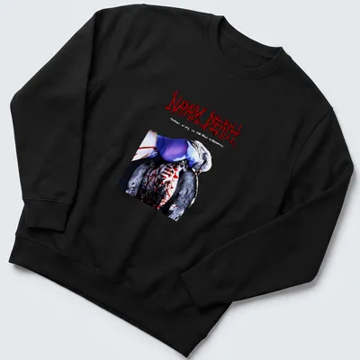 Surreal artwork featuring a figure and a bird with text from Napalm Death. — printed on a unisex sweatshirt