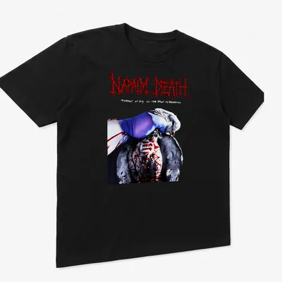 Surreal artwork featuring a figure and a bird with text from Napalm Death. — printed on a unisex t-shirt (angled view)