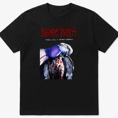 Surreal artwork featuring a figure and a bird with text from Napalm Death. — printed on a unisex t-shirt