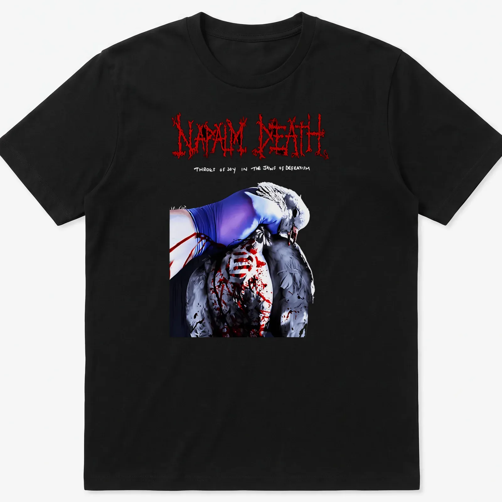 Surreal artwork featuring a figure and a bird with text from Napalm Death. — printed on a unisex t-shirt