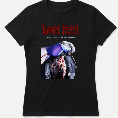 Surreal artwork featuring a figure and a bird with text from Napalm Death. — printed on a women's shirt