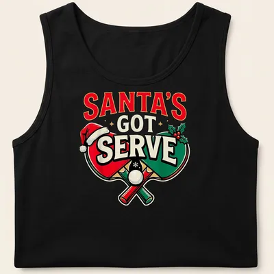 Colorful design featuring table tennis paddles with a Santa hat and festive text. — printed on a tank top