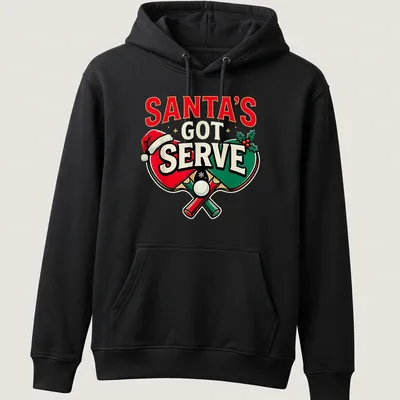 Colorful design featuring table tennis paddles with a Santa hat and festive text. — printed on a unisex hoodie