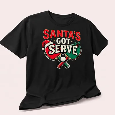 Colorful design featuring table tennis paddles with a Santa hat and festive text. — printed on a unisex t-shirt (angled view)