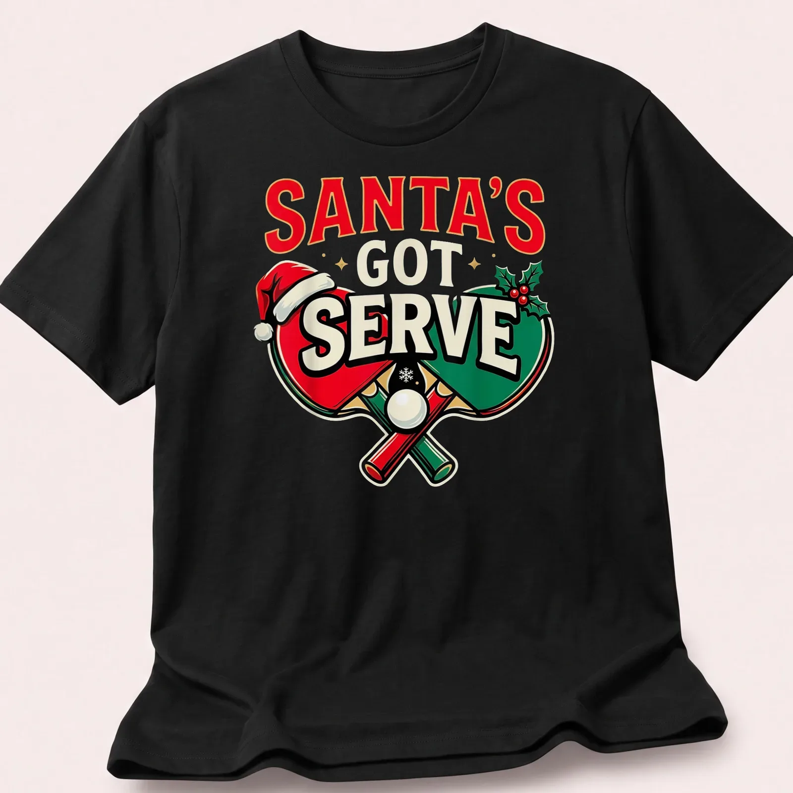 Colorful design featuring table tennis paddles with a Santa hat and festive text. — printed on a unisex t-shirt