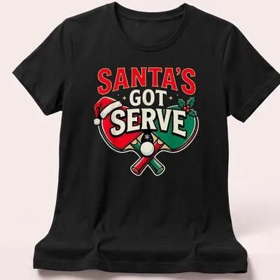 Colorful design featuring table tennis paddles with a Santa hat and festive text. — printed on a women's shirt
