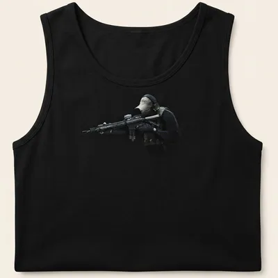 Realistic print of a tactical soldier with a rifle in black, green, tan, and gray — printed on a tank top