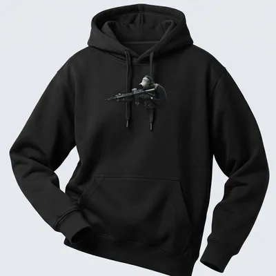 Realistic print of a tactical soldier with a rifle in black, green, tan, and gray — printed on a unisex hoodie