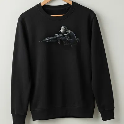 Realistic print of a tactical soldier with a rifle in black, green, tan, and gray — printed on a unisex sweatshirt