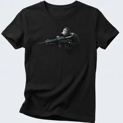 Realistic print of a tactical soldier with a rifle in black, green, tan, and gray — printed on a women's shirt