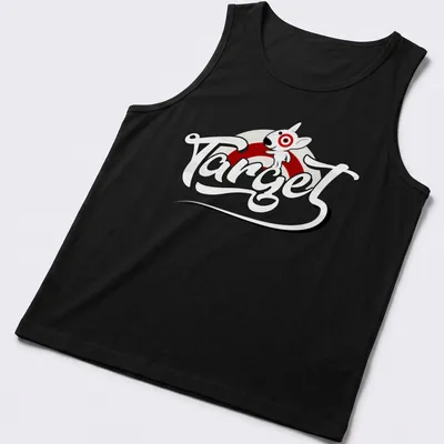 Cartoon style Target Bullseye Dog mascot t-shirt with playful text. — printed on a tank top