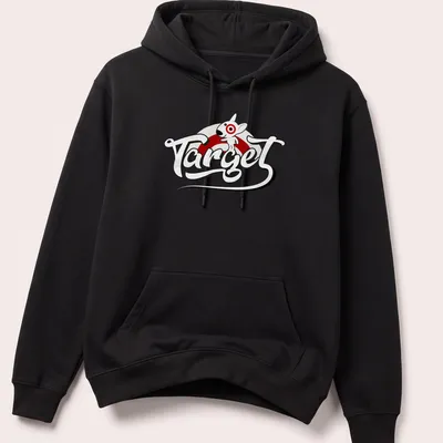 Cartoon style Target Bullseye Dog mascot t-shirt with playful text. — printed on a unisex hoodie