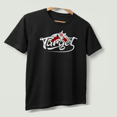 Cartoon style Target Bullseye Dog mascot t-shirt with playful text. — printed on a unisex t-shirt (angled view)