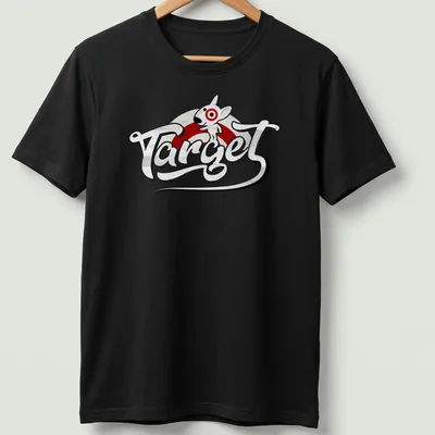 Cartoon style Target Bullseye Dog mascot t-shirt with playful text.