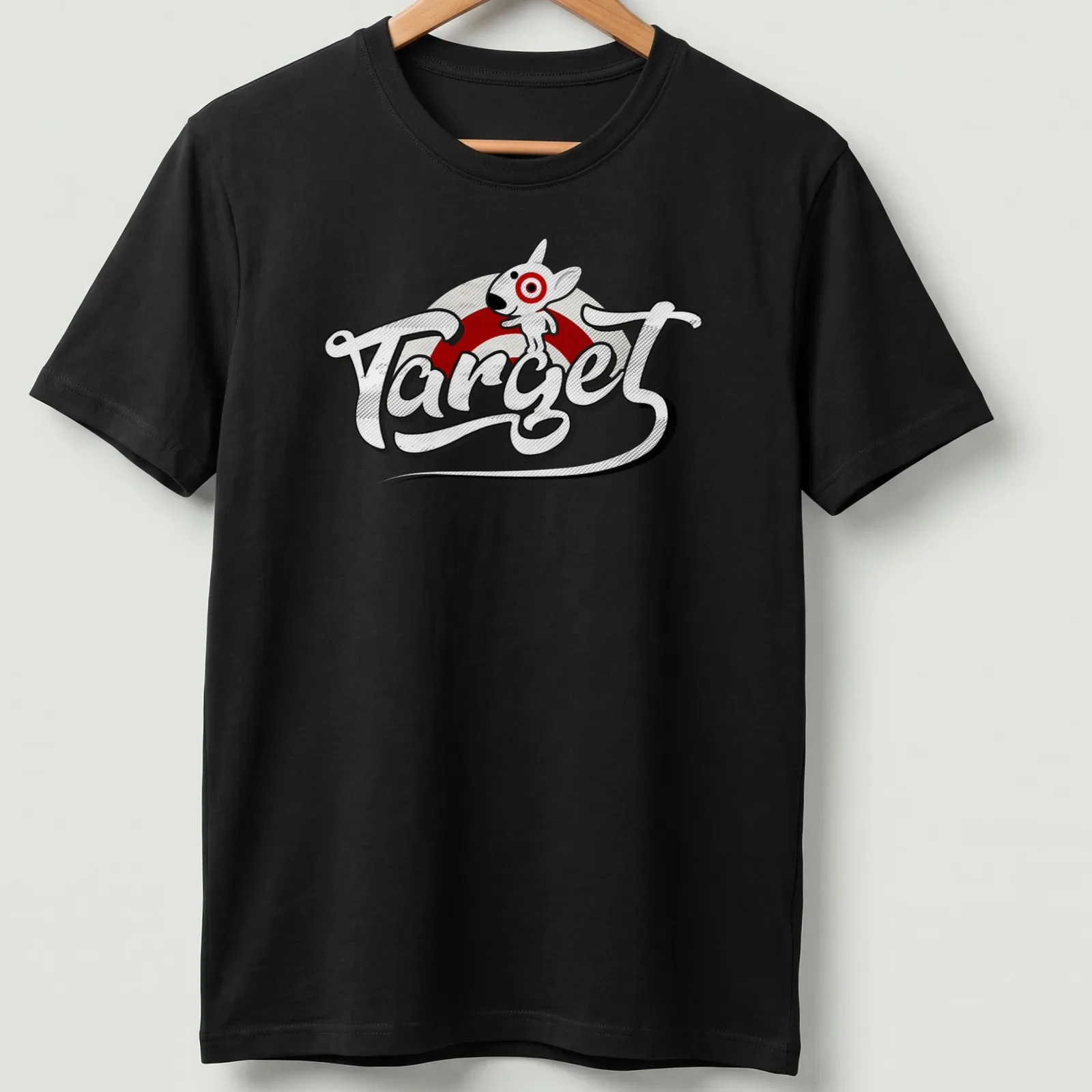 Cartoon style Target Bullseye Dog mascot t-shirt with playful text. — printed on a unisex t-shirt