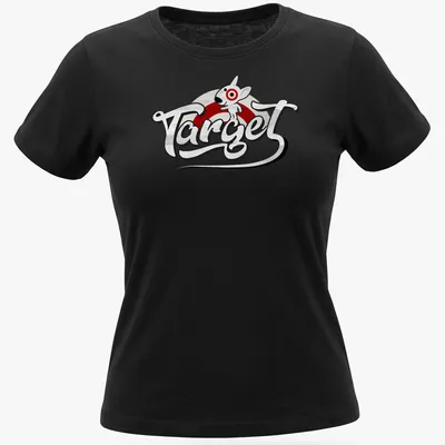 Cartoon style Target Bullseye Dog mascot t-shirt with playful text. — printed on a women's shirt