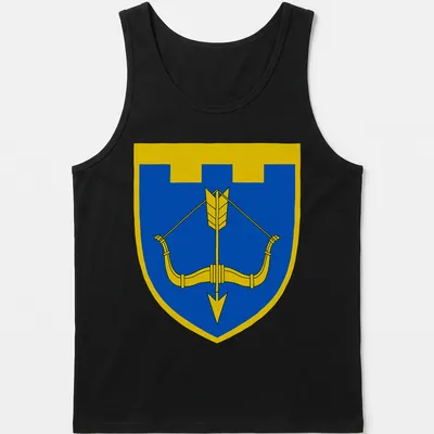 Emblem of the Territorial Defence Brigade with bow and arrow in blue and yellow — printed on a tank top