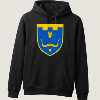 Emblem of the Territorial Defence Brigade with bow and arrow in blue and yellow — printed on a unisex hoodie