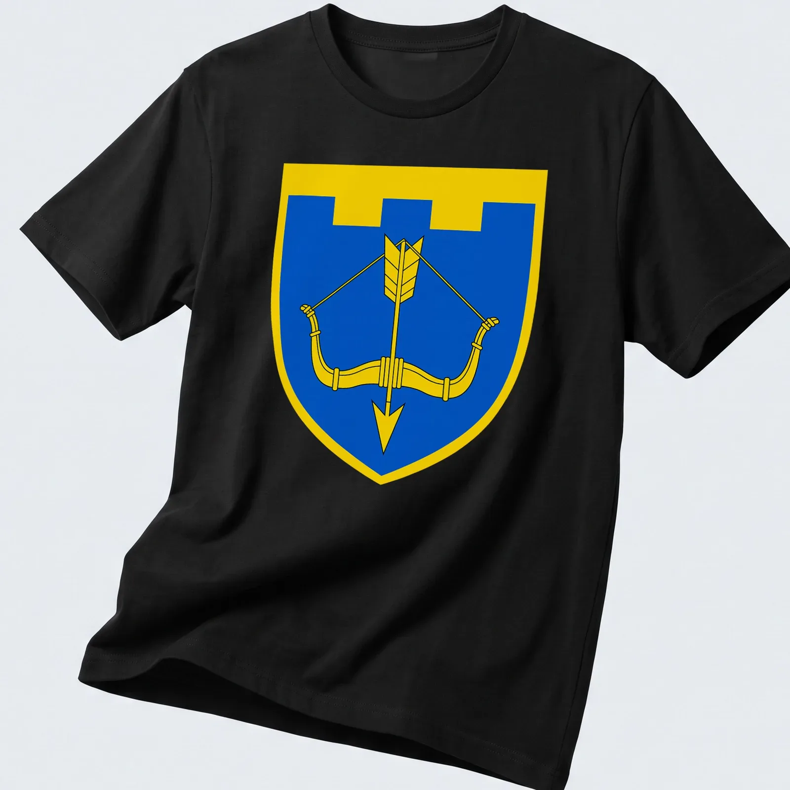 Emblem of the Territorial Defence Brigade with bow and arrow in blue and yellow — printed on a unisex t-shirt