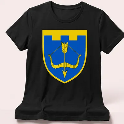 Emblem of the Territorial Defence Brigade with bow and arrow in blue and yellow — printed on a women's shirt