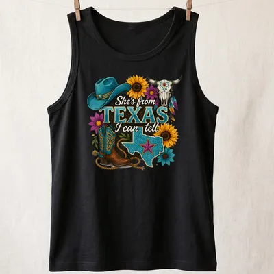 Vintage western T-shirt with Texas-themed cowgirl design and colorful text — printed on a tank top