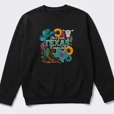 Vintage western T-shirt with Texas-themed cowgirl design and colorful text — printed on a unisex sweatshirt