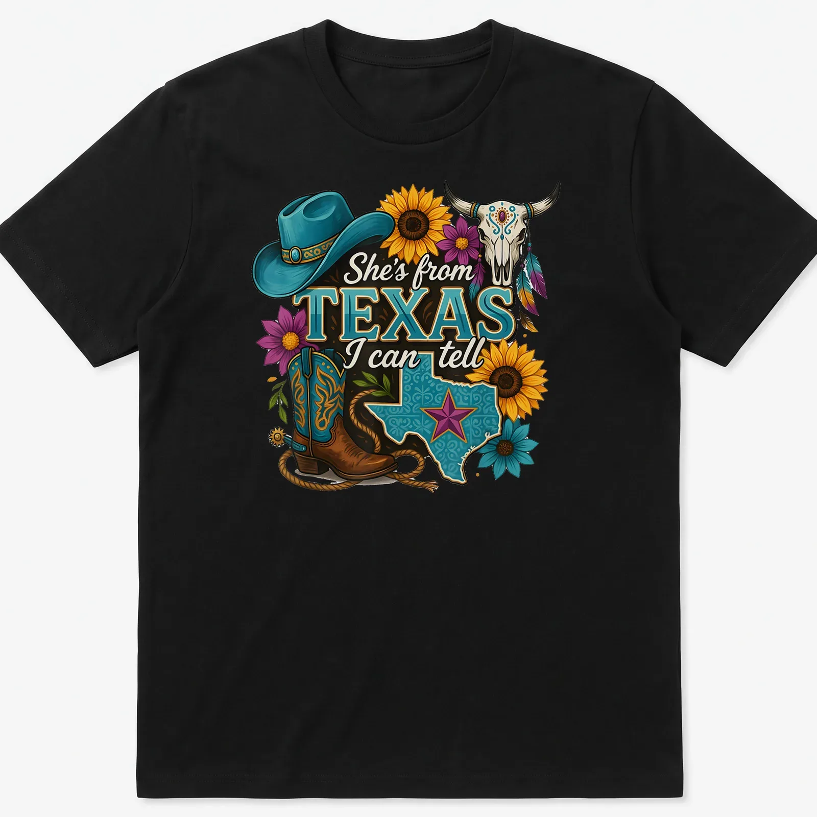 Vintage western T-shirt with Texas-themed cowgirl design and colorful text — printed on a unisex t-shirt