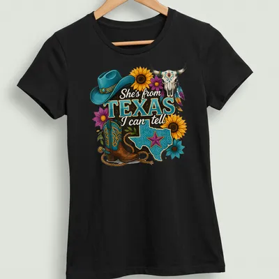 Vintage western T-shirt with Texas-themed cowgirl design and colorful text — printed on a women's shirt
