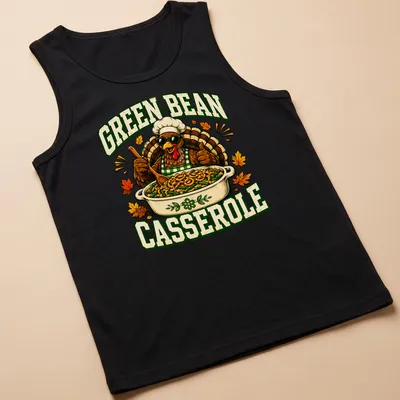 Vintage cartoon Thanksgiving turkey shirt with green bean casserole text — printed on a tank top