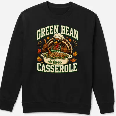 Vintage cartoon Thanksgiving turkey shirt with green bean casserole text — printed on a unisex sweatshirt