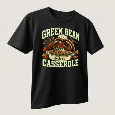 Vintage cartoon Thanksgiving turkey shirt with green bean casserole text — printed on a unisex t-shirt (angled view)