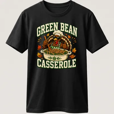 Vintage cartoon Thanksgiving turkey shirt with green bean casserole text — printed on a unisex t-shirt