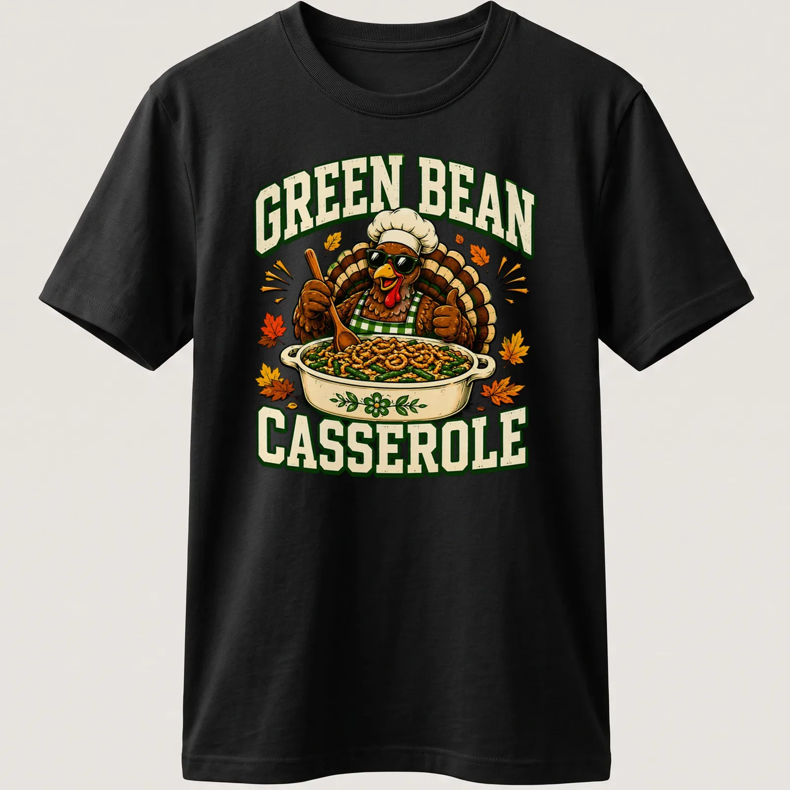 Vintage cartoon Thanksgiving turkey shirt with green bean casserole text — printed on a unisex t-shirt