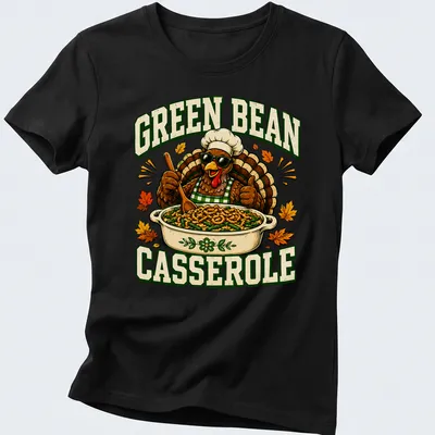 Vintage cartoon Thanksgiving turkey shirt with green bean casserole text — printed on a women's shirt