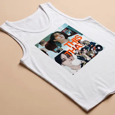 Collage graphic of K-Pop groups with vibrant colors and bold text — printed on a tank top